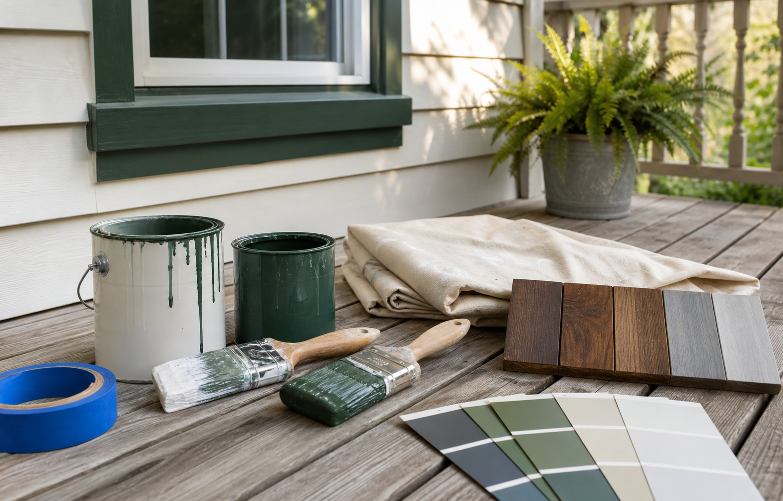 Painting brushes, tape, paint, and deck stain samples arranged on a porch surface